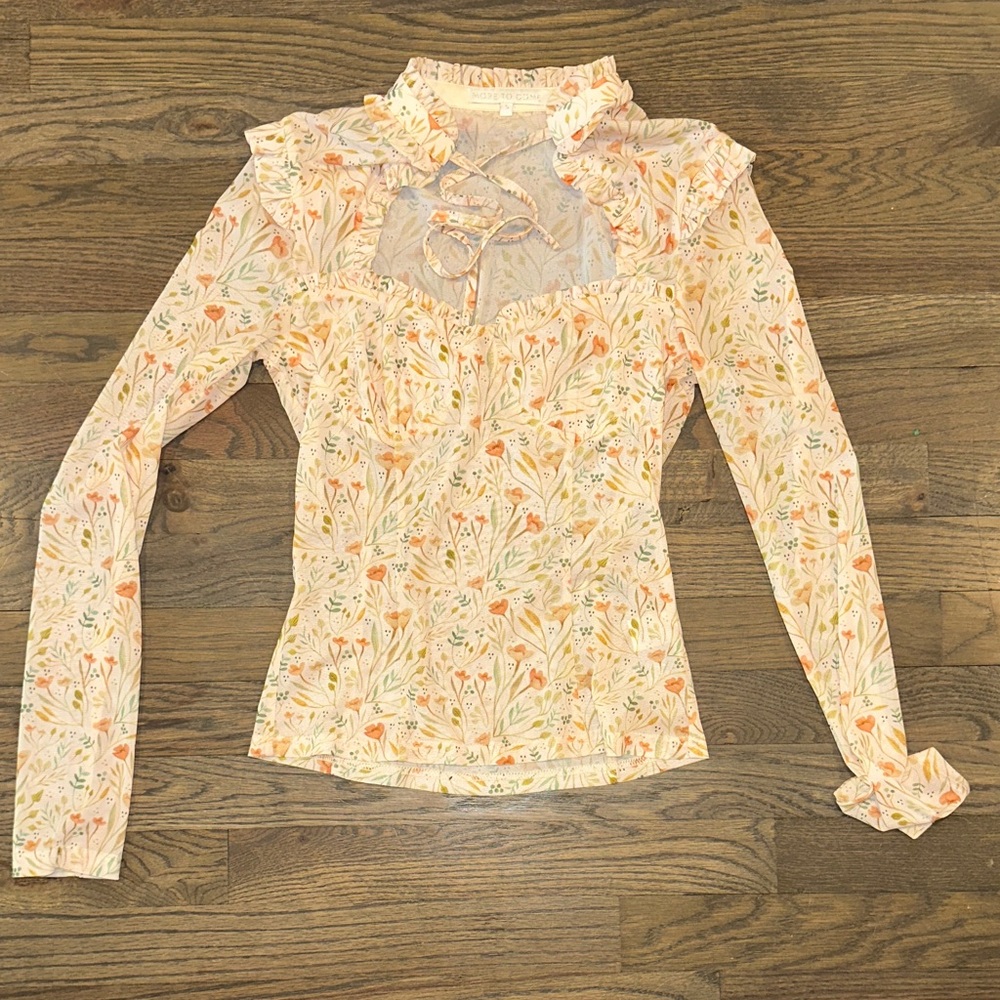 Floral Ruffle Mock-Neck Long Sleeve Top - Cream/Peach